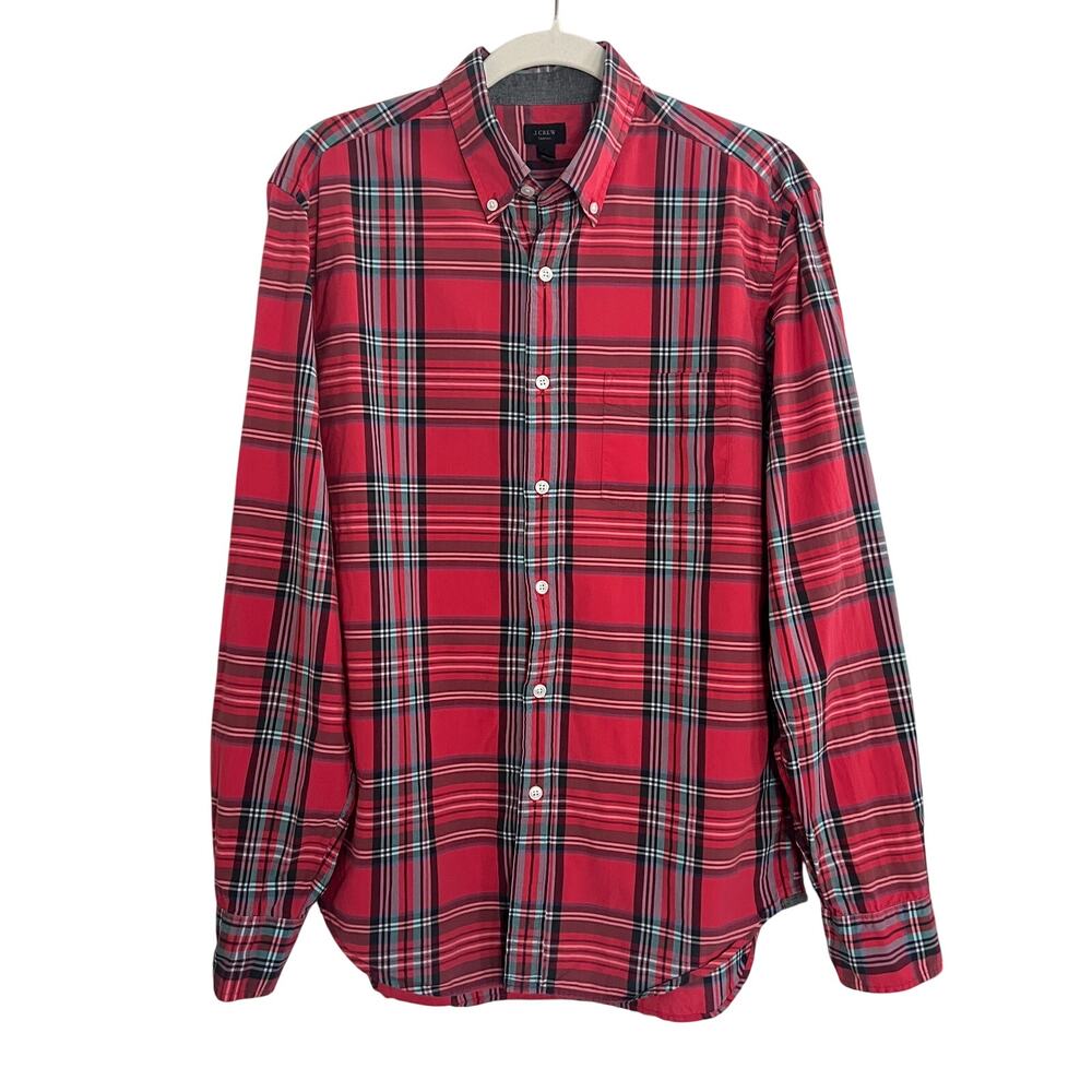 J. Crew Men Tartan Plaid Button Up Oxford Shirt Classic Preppy Red Blue Size M